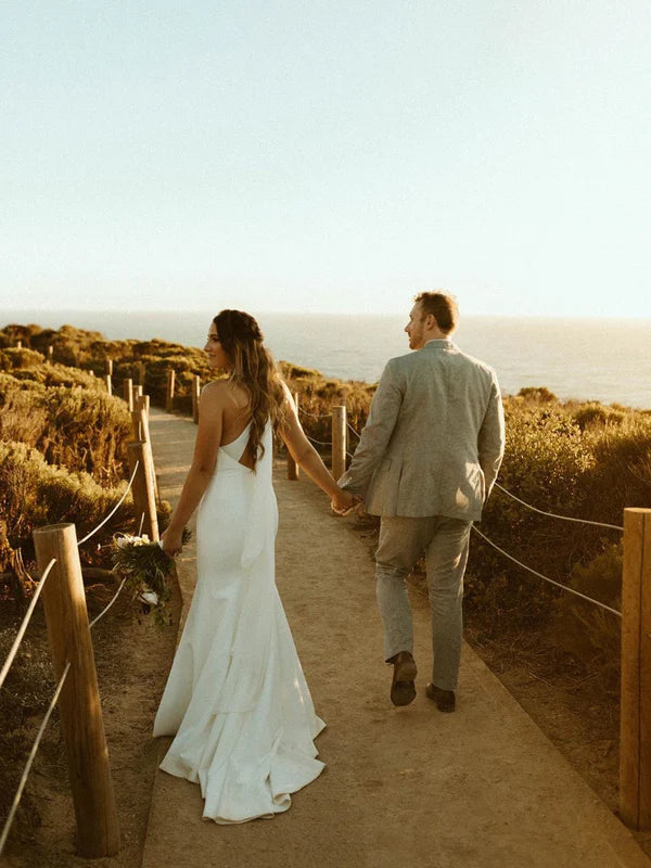 Luolandi Unique Halter Neckline Backless Satin Wedding Dresses Sleeveless Mermaid Simple Bridal Gowns